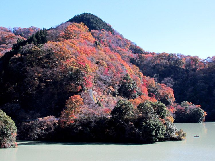 湖岸の紅葉とボート（右下）