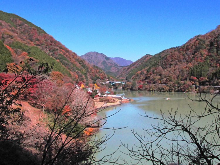 焼津ポート乗場の奥に中川橋が見える。中央の山は箒沢権現山（前権現）