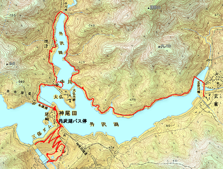 玄倉～丹沢湖畔～中川橋～永歳橋～三保ダム～丹沢湖バス停のGPS軌跡