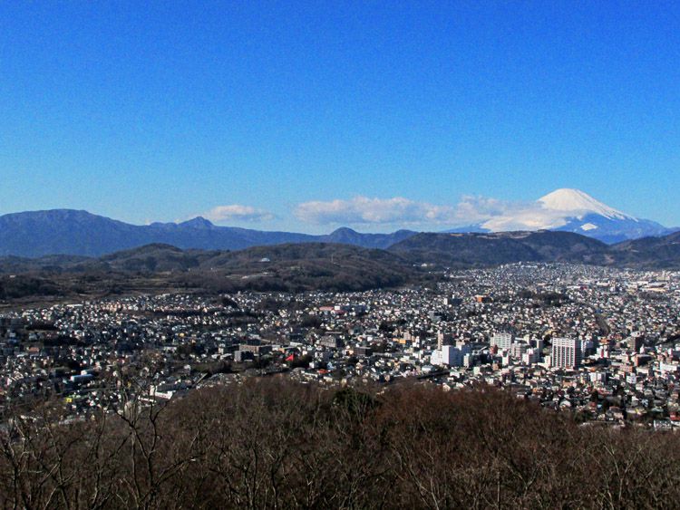 権現山展望台からの箱根連山（緩やかな明神が岳、金時山、中央の矢倉岳）と富士山