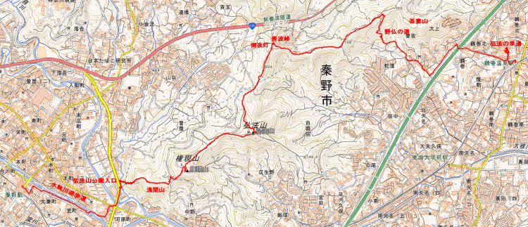 秦野～浅間山～権現山～弘法山～鶴巻温泉のGPS軌跡（クリックで拡大）